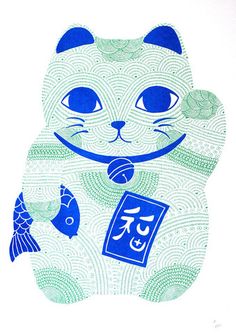 a drawing of a cat with fish on it's back and chinese characters on its chest