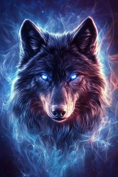 a wolf with blue eyes is shown in this artistic photo