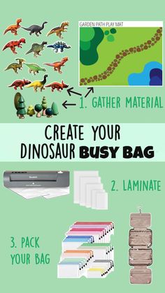 Dinosaur toys, wooden tree toy, organizing files and toys and stuff Busy Bags, A Dinosaur, Pack Your Bags, Play Mat, A Restaurant, Toddler Activities