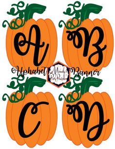 three pumpkins with the letter m and two smaller pumpkins