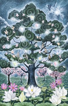 a painting of a tree surrounded by flowers