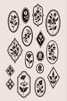 a set of nine floral emblems in black and white