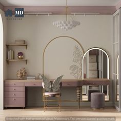 a room with a desk, mirror and chair in the center is decorated in pastel tones