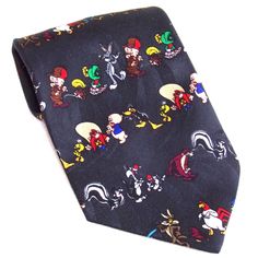 a black tie with cartoon characters on it