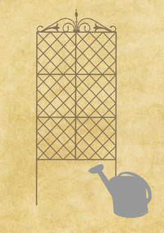 the silhouette of a teapot is shown in front of an iron screen with a trellis