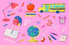 an illustration of school supplies on a pink background