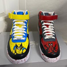 two pairs of shoes with cartoon characters painted on them