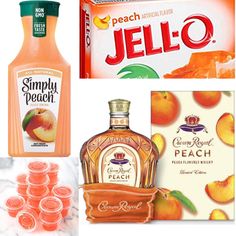 orange juice, peaches and jello are on display