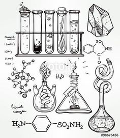 hand drawn illustration of science equipment and beakle with liquid, flasks and other items