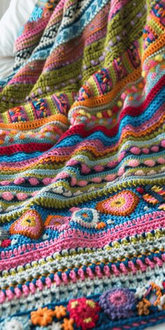 a crocheted blanket is laying on a bed