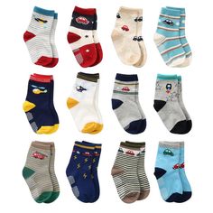 Ideal gift for your son, grandson and your friends baby boys toddler boys Best baby socks boy, toddler grip socks, non slip socks for kids boy- great for the little feet The grippers at sole of socks provide superb grip for fall prevention while walking running on slick surface such as wood floor, tile floors even on the lawn Material: 93% cotton, 5% Polyester, 2% Elastane, medium thickness available all season Size: Size 0-6 Months Size 6-12 Months Size 1-3 Years Size 3-5 Years Size 5-7 Years Size and dimension details available see in 3rd figure There are several patterns (12 designs) in the package, which is a favorite for boys such as cars airplane truck rocket helicopter Use of high quality knitted fabric is not torn or deformed to even wash by washing machine Baby Boy Socks, Newborn Socks, Boys Socks, Toddler Socks, Cute Socks, Colorful Socks, Baby Socks, Kids Socks, Cotton Socks