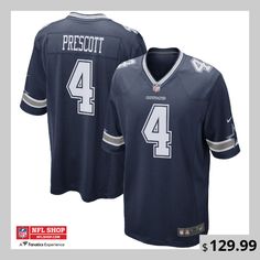 Prove you are the #1 fan of the Dallas Cowboys with this Dak Prescott Game team jersey from Nike! It features bold graphics and a tailored design that makes it easy to get the look of a tried and true Dallas Cowboys fan. You'll love paying homage to your favorite NFL squad in this top-notch jersey! Collegiate Football Season Jersey, Team-colored Cotton Jersey For Sports Season, Team-colored Cotton Jersey For Fan Gear, Sports Season Jersey With Graphic Print For Fans, Sports Fan Cotton Jersey With Team Logo, Team-colored Jersey For Fan Gear, Team-colored Graphic Print Jersey For Game Day, Nike Team Jersey With Logo, Varsity Jersey With Graphic Print For Fans