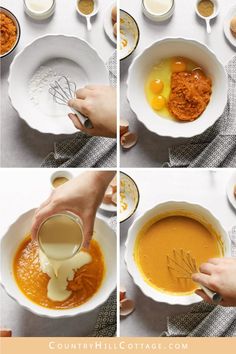 four pictures showing how to make an orange sauce in a white bowl with cream being poured on top