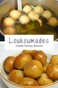 some food is being cooked in a pot and the words loukoumades are above it