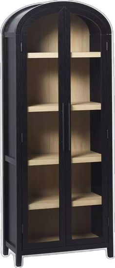 a black cabinet with glass doors and shelves on the front, in an arch shape