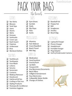 a beach bag checklist with an umbrella