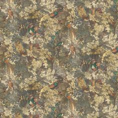 a wallpaper pattern with birds and flowers on the back ground in brown, green, yellow and blue colors