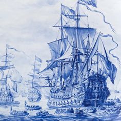 a blue and white drawing of a ship in the ocean with other ships behind it