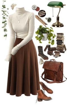 Long Brown Skirt Outfit, Edwardian Cottage, Dark Academia Outfits, Academia Outfits, Academia Style, Dark Academia Fashion, Cottagecore Outfits, Academia Fashion