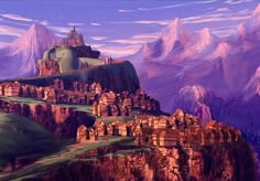 a painting of a castle on top of a mountain