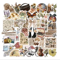 a bunch of stickers that are on top of a white surface with flowers and other things