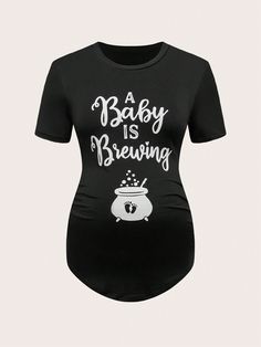 Maternity Women's Summer Short Sleeve Casual T-Shirt Slogan Print And Ruched Tee Black Casual  Short Sleeve Knitted Fabric Letter  High Stretch  Maternity Clothing, size features are:Bust: ,Length: ,Sleeve Length: Fitted Maternity Dress, Womens Summer Shorts, Maternity Tank Tops, Slogan Tshirt, Fabric Letters, Pregnancy Tshirts, Maternity Clothing, Casual T Shirt, Maternity Tops