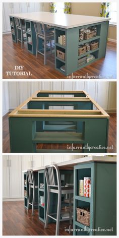 the kitchen island is painted green and has several shelves