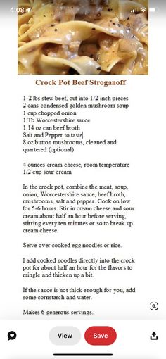 the recipe for crock pot beef stroganoni is shown on an iphone