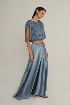 Shop the Penelope Top by Heirlome | Official Site Satin Two Piece Outfit, Silk Top Outfit, Blue Green Dress, Evening Skirts, Silk Satin Fabric, Silk Set, Silk Outfit, Modern Feminine, Draped Top