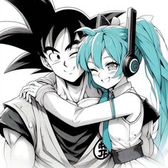 two anime characters hugging each other with headphones on their ears and one has blue hair