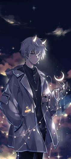 an anime character standing in front of the night sky with his hand on his hip