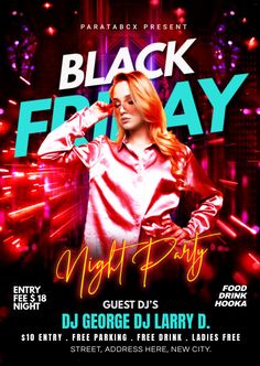 black friday party flyer with a woman in pink shirt and neon lights on the background