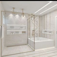 a bathroom with a tub, shower and shelves on the wall next to the door