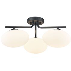 three light semi flusher ceiling fixture in an oil rubbed bronze finish with frosted glass globes