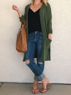 Thrifty Wife, Happy Life: 3 Ways to Wear a Green Cardigan with PinkBlush Olive Green Sweater Outfit, Green Sweater Outfit, Green Sweater Cardigan, Green Outfits