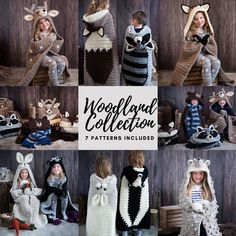 several photos of children wearing knitted animal costumes and crochet hoods, with text that reads woolly and collection 7 patterns included