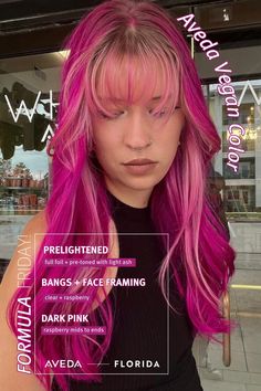 Vibrant Pink hair magic 🪄created by @_hairby_leah at @wholeavedagroup! ✨ 🌸Aveda Vegan Color Formula🌸 full foiled + pre-toned with light ash! Applied raspberry to the dark pink & raspberry + clear to the bang/face framing area! Vibrant Pink Hair, Hair Magic, Pink Raspberry, Vibrant Hair