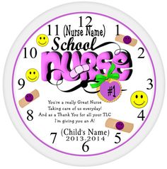 a clock with the words nurse and smiley faces on it