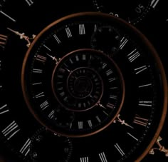 a spiral clock with roman numerals is shown in black and brown tones,