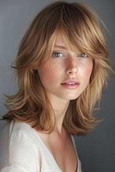 Soft, face-framing bangs on a honey blonde layered cut create a gentle, feminine look, offering a subtle, graceful frame to the face. Honey Blonde Hair Color, Summer Hair Trends, Honey Blonde Hair, Strawberry Blonde Hair, Summer Hair Color For Brunettes, Summer Hair Color, Strawberry Blonde, Honey Blonde, Hair Transformation