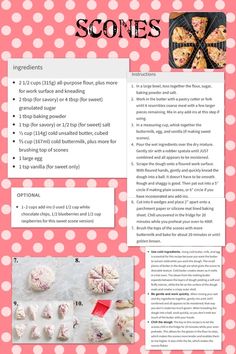 the recipe for scones is shown in pink and white polka dots