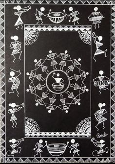 a black and white drawing with various designs on the front, including an image of people dancing