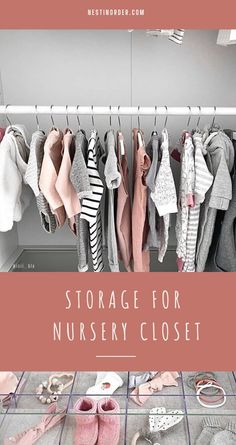 a closet filled with lots of baby clothes and shoes next to a shelf full of children's sweaters