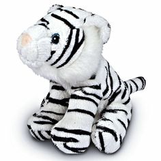 a white and black striped stuffed animal on a white background with one leg in the air