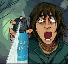 an animated image of a person holding a spray bottle with the word mouthwash on it