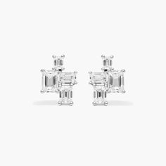 14K White Gold Assemblage Emerald Cut Lab Created Diamond Earrings. These expertly crafted earrings feature multiple emerald shaped lab-created diamonds. Closing with a push back, these earrings provide maximum sparkle. Crafted Earrings, Preppy Clothes, Minimal Jewelry, Channel Set, Lab Created Diamonds, Girls Best Friend, Bling Bling, Emerald Cut, Assemblage