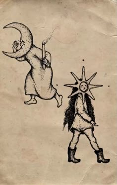 an old drawing of two people walking next to each other with the moon above them