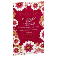 Pacifica Disobey Time Rose & Peptide Facial Mask 100% vegan. Hydration & dreamy youth is yours + flowers, peptides & rose hips. All skin types. One single use natural fiber sheet mask. For all skin types. Hydrate your skin while peptides work their magic. This multi-targeted effective mask is infused with plant extracts, flowers and dreams of youthful skin. Key ingredients to love your skin: Chamomile; Peptides; Rose hip seed oil; Red rice; Hyaluronic acid; Pomegranate. Every true beauty knows it's what's on the inside that matters. Formulated without petroleum, parabens, sulfates or phthalates. www.pacificabeauty.com. Cruelty-free. Made in the USA with the best globally sourced ingredients. | Pacifica Disobey Time Rose & Peptide Facial Mask At Hy-Vee Pacifica Beauty, Green Tea Mask, Facial Sheet Mask, Love Your Skin, Peel Off Mask, Hydrating Mask, Facial Mask, Youthful Skin, Skincare Ingredients