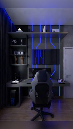 an office with black and blue lighting on the walls