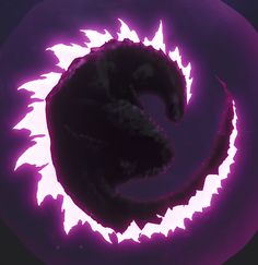 a purple circular object with an animal's head in the center and flames coming out of it